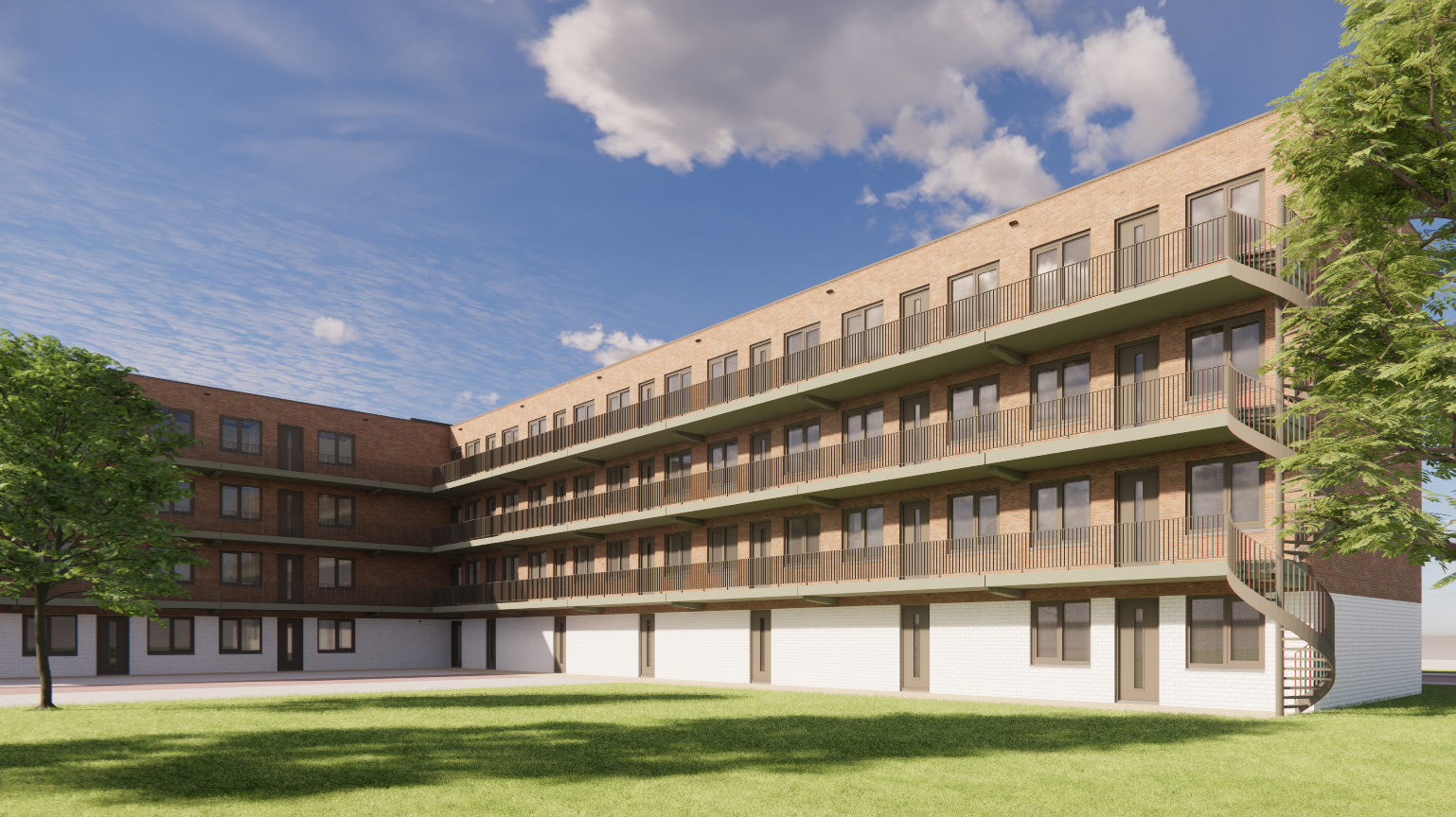 L-vormig woongebouw met galerijontsluiting