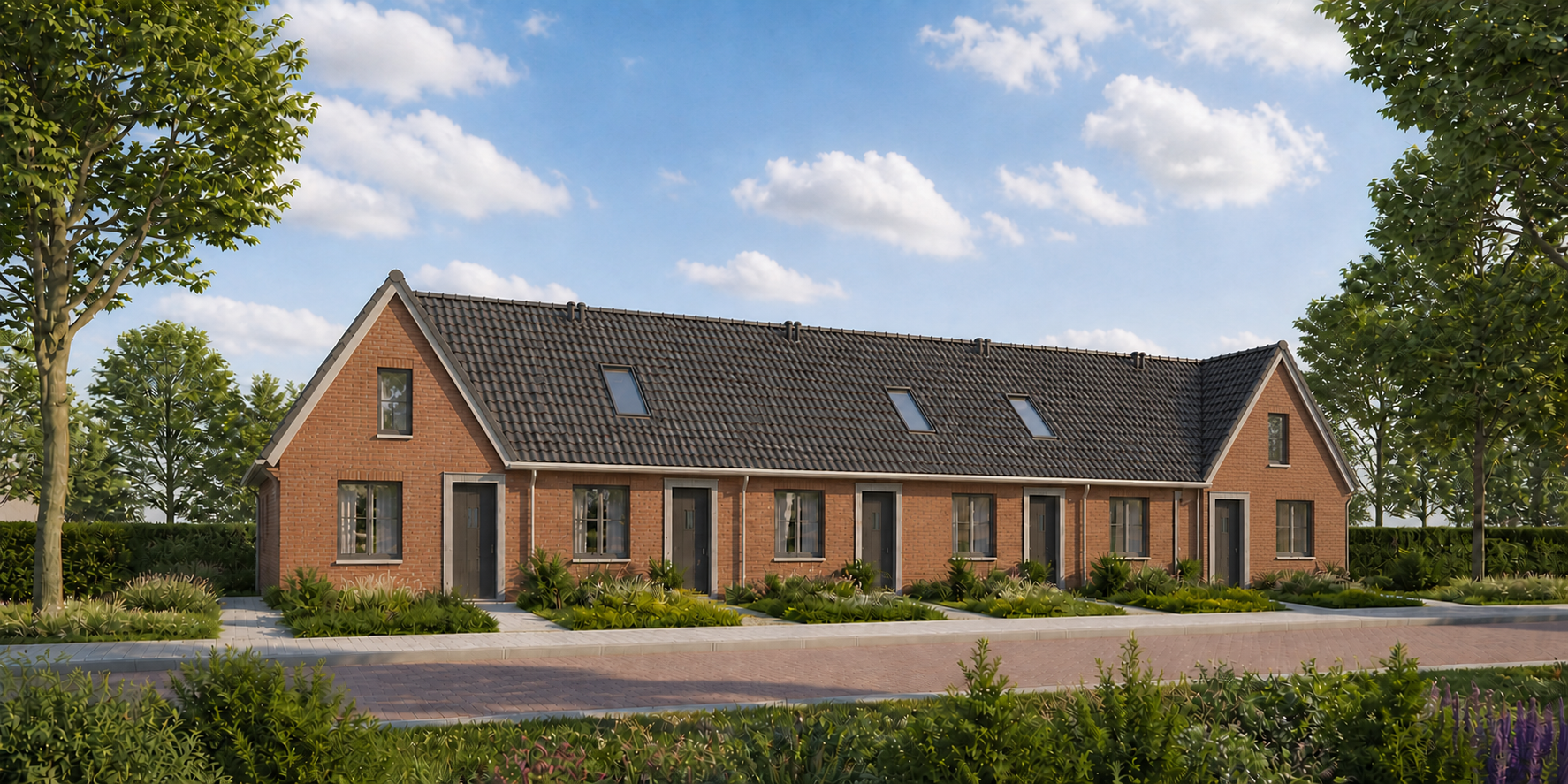 Rijwoningen met dwarskappen en twee woonlagen