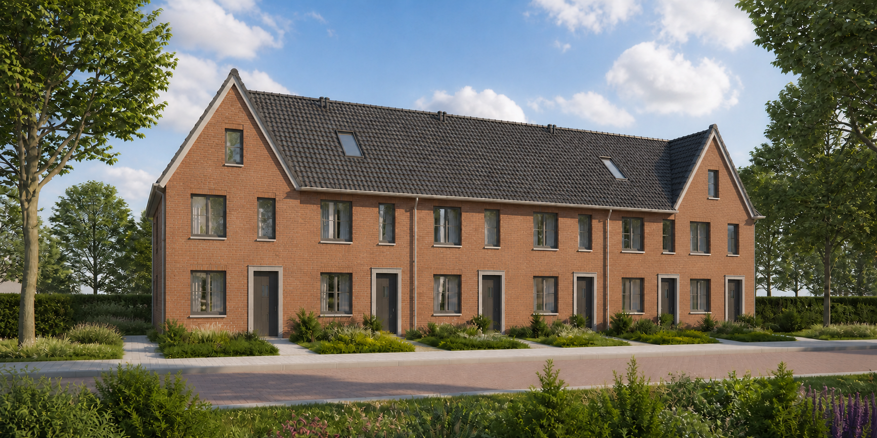 Rijwoningen met dwarskappen en drie woonlagen